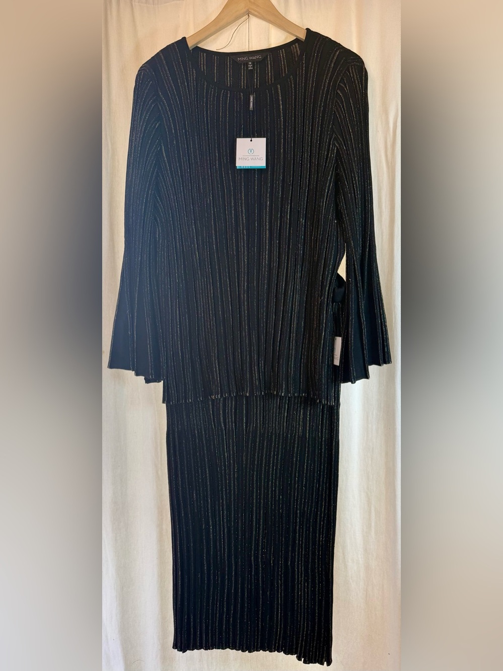 Ming Wang Black Ribbed Midi Dress Set with Subtle Metallic Stripes